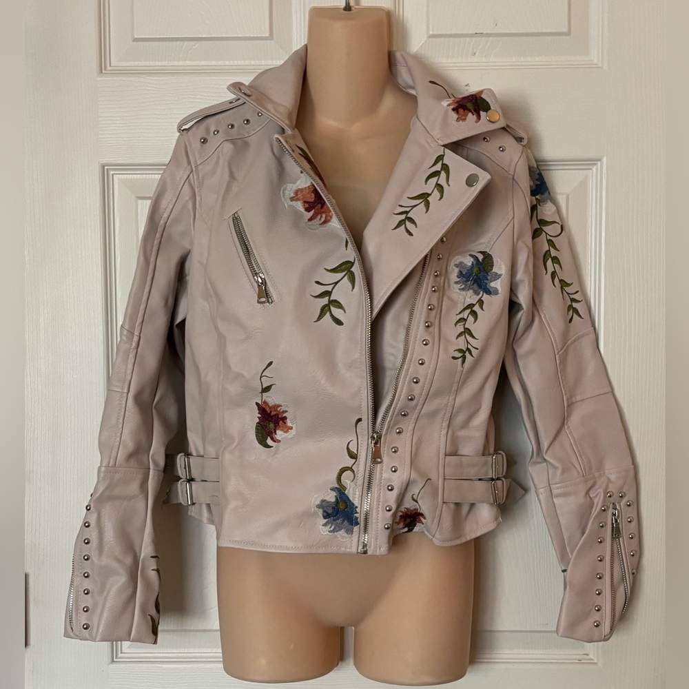 Faux Leather Floral Embroidered Moto Jacket NEW